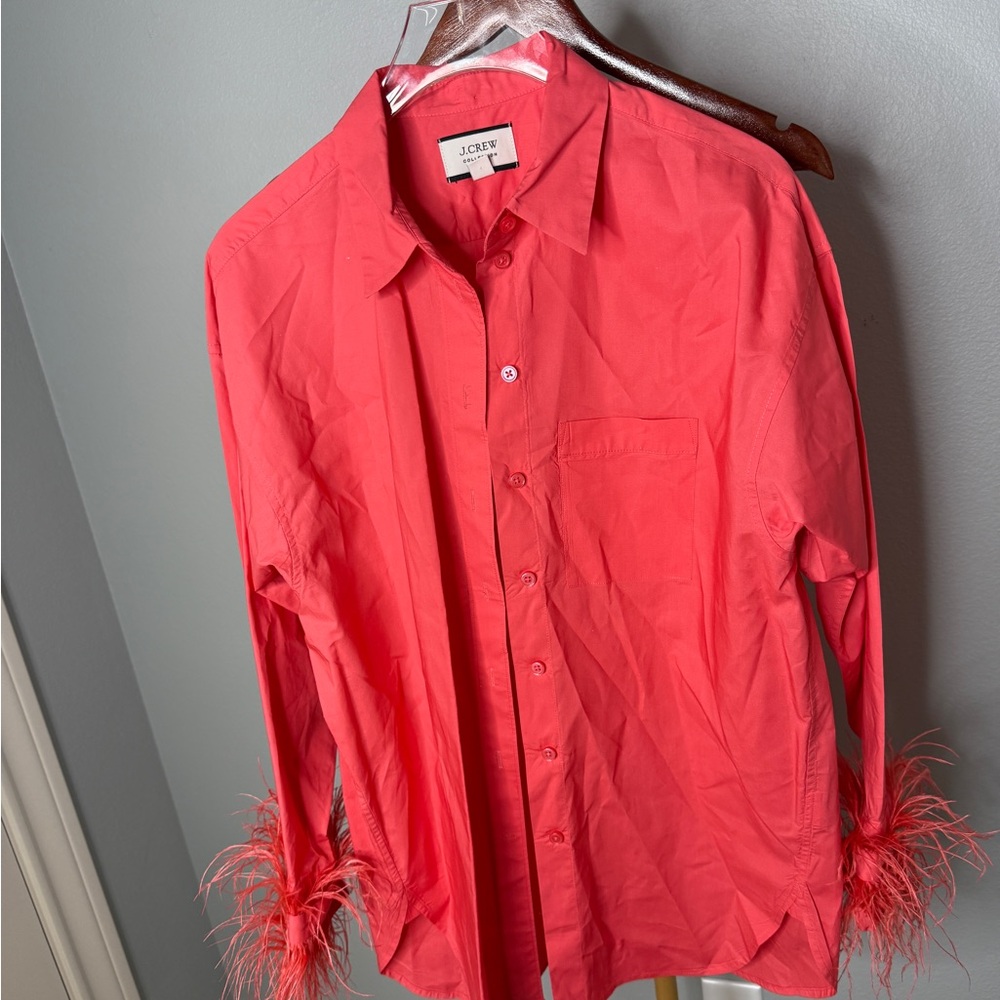 ❤️ J.Crew Collection Feather Cuff Poplin Shirt — Coral/Red, Size 6